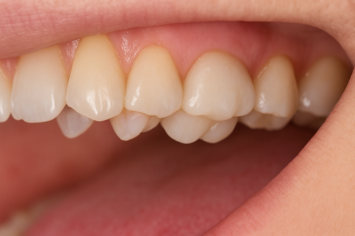 Close-up of a natural-looking porcelain dental crown on a patient’s molar