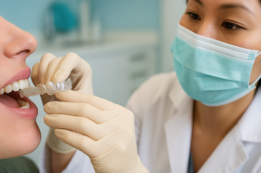 Close-up of clear Invisalign aligners being placed on teeth by a dental professional.
